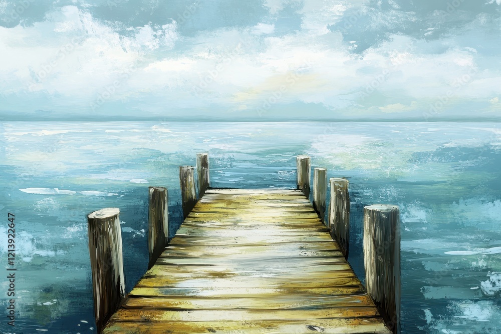 Fototapeta premium Tranquil Wooden Pier Extension Over Calm Water Under Cloudy Sky in a Serene Landscape Painting, Evoking Peacefulness and Leisurely Vibes for Nature Lovers