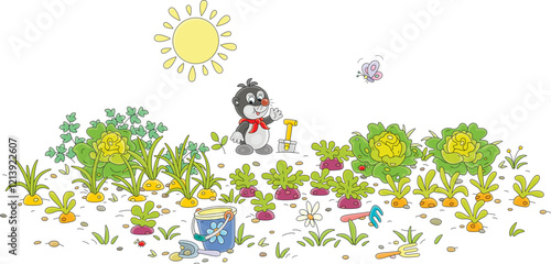 Funny little mole gardener among green vegetables in a kitchen garden on a sunny summer day, vector cartoon illustration isolated on a white background