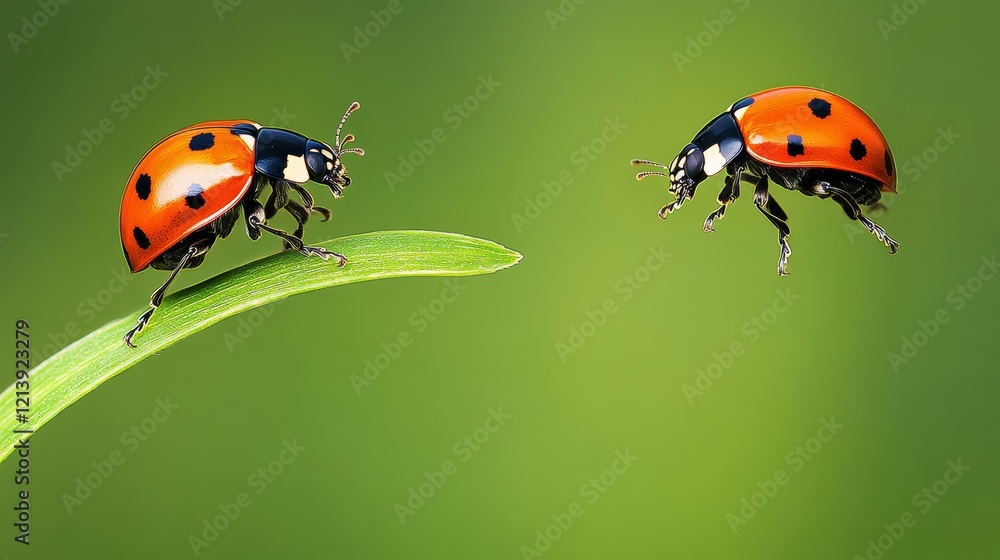Obraz premium Two ladybugs are on a green leaf. One is on the left and the other is on the right