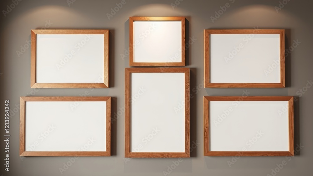 Gallery Wall Mockup Six Empty Wooden Frames on a Gray Wall Gallery Wall Mockup Six Empty Wooden Frames on a Gray Wall
