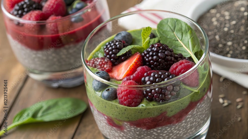 Close up view of a vibrant smoothie glass filled with fresh berries and layered with chia seeds and spinach in a cozy kitchen setting Close up view of a vibrant smoothie glass filled with fresh berries and layered with chia seeds and spinach in a cozy kitchen setting