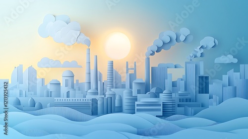 Papercut depiction of a sprawling factory with various components like turbines and cooling towers, set against a dynamic sky with layered paper creating depth and a realistic shadow play. photo