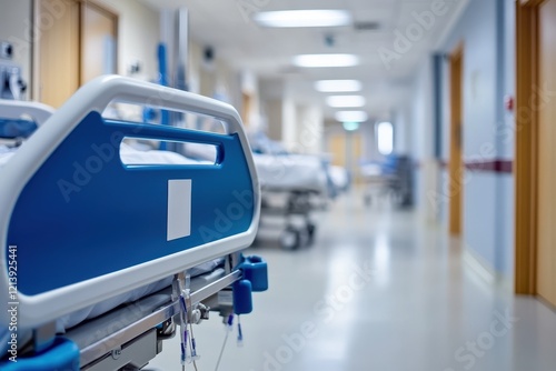 Hospital hallway, empty beds, sterile environment, medical care photo