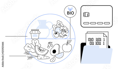 Organic fruits and vegetables with a BIO label in a circle. Adjacent credit card and digital receipts in a folder. Ideal for e-commerce, sustainability, organic food, digital payments, eco-conscious