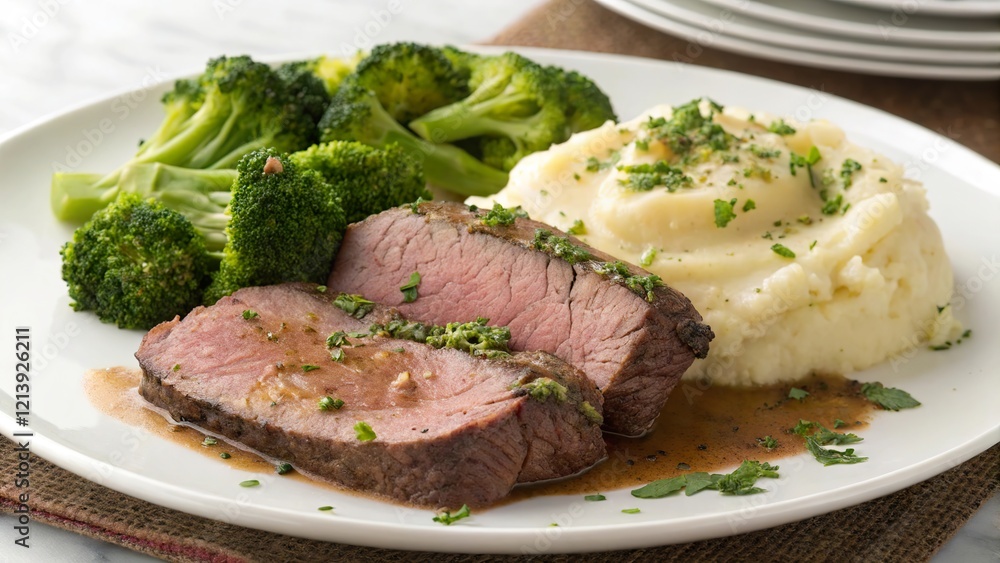Roast beef with creamy mashed potatoes and steamed broccoli served on a dining table Roast beef with creamy mashed potatoes and steamed broccoli served on a dining table