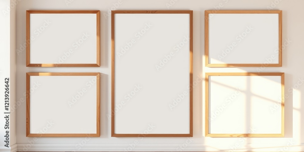 Empty wooden picture frames on a wall with sunlight Empty wooden picture frames on a wall with sunlight