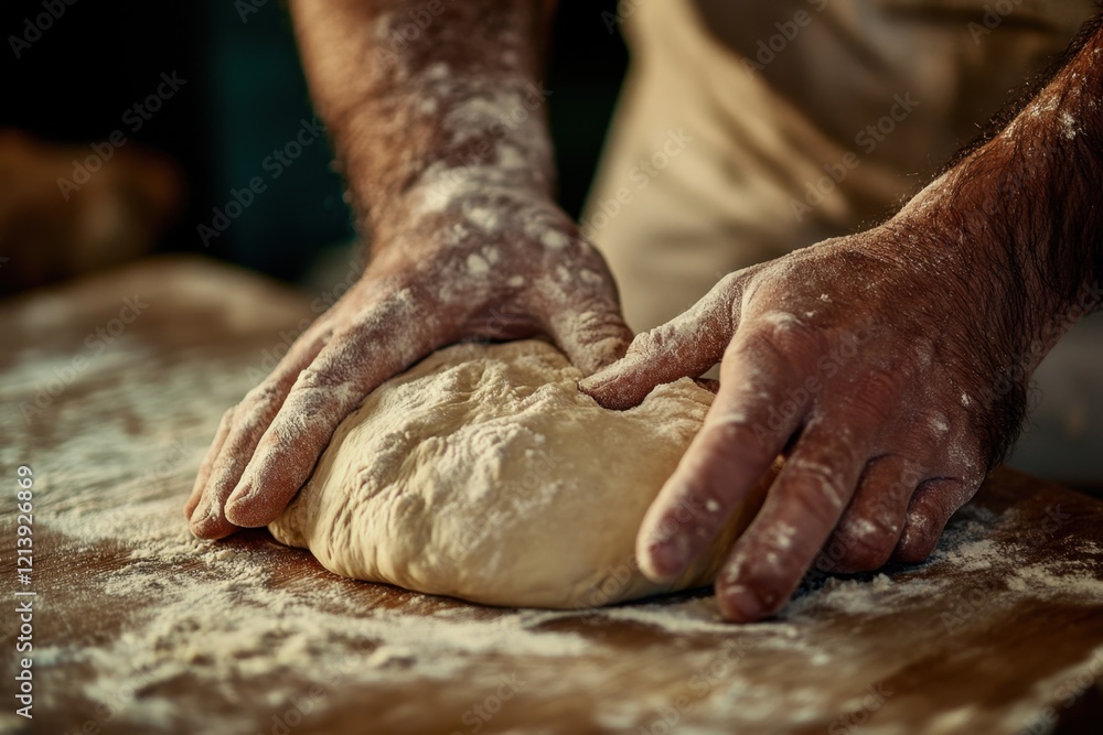 Artisan baker's hands kneading fresh dough in a charming bakery workshop closeup view rustic environment culinary craftsmanship Artisan baker's hands kneading fresh dough in a charming bakery workshop closeup view rustic environment culinary craftsmanship