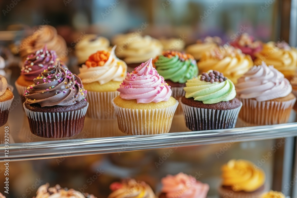 Delightful cupcake display at a local bakery showcasing colorful treats in a bright environment perfect for dessert lovers and culinary enthusiasts
