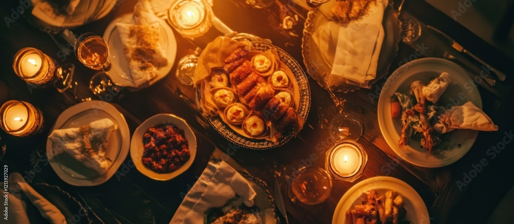 Candlelit dinner table setting with various dishes plates and glasses in a warm ambiance Candlelit dinner table setting with various dishes plates and glasses in a warm ambiance