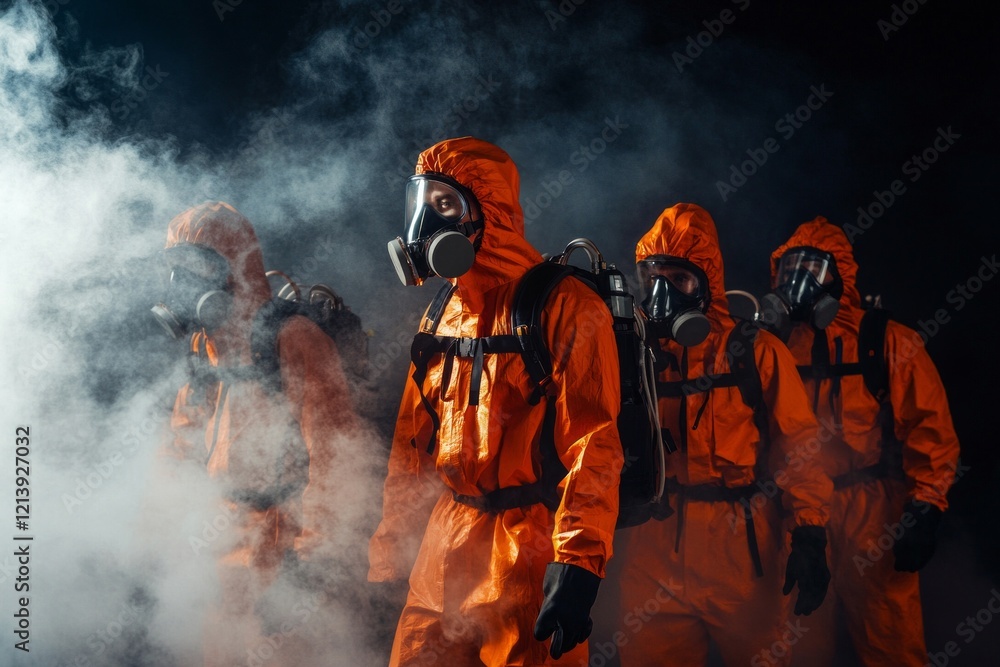 industrial workers using wearpack, helmet and orange mask, industrial factory workers fumigating, background of glasses and smoke billows industrial workers using wearpack, helmet and orange mask, industrial factory workers fumigating, background of glasses and smoke billows
