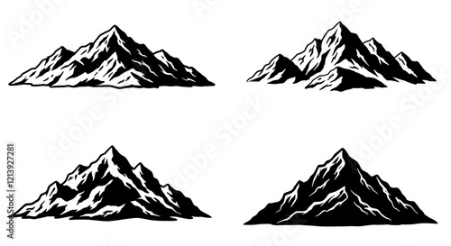 Black and White Mountain Range Vector Illustrations with Snowy Peaks.