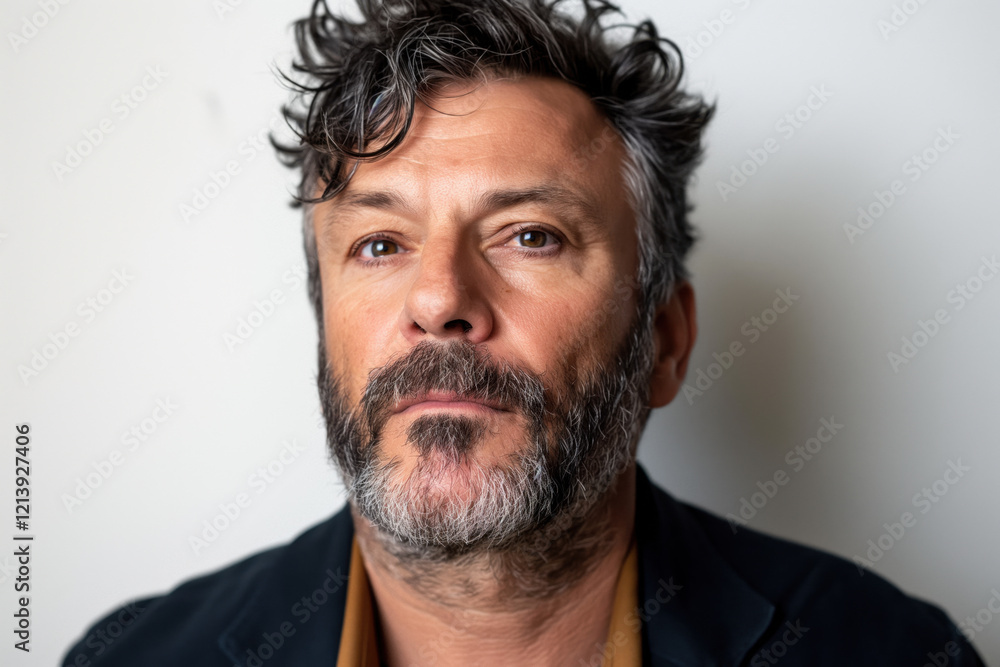 A close-up portrait of a mature man with wavy hair, a well-groomed beard, and a confident expression. He is wearing a dark blazer and a brown shirt against a neutral background.
A close-up portrait of a mature man with wavy hair, a well-groomed beard, and a confident expression. He is wearing a dark blazer and a brown shirt against a neutral background.