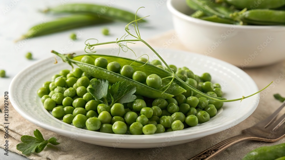 Freshly picked green peas served in a bowl alongside a plate, showcasing vibrant colors and healthy ingredients Freshly picked green peas served in a bowl alongside a plate, showcasing vibrant colors and healthy ingredients