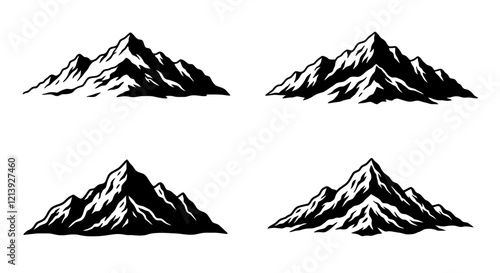 Black and White Mountain Range Vector Illustrations with Snowy Peaks.