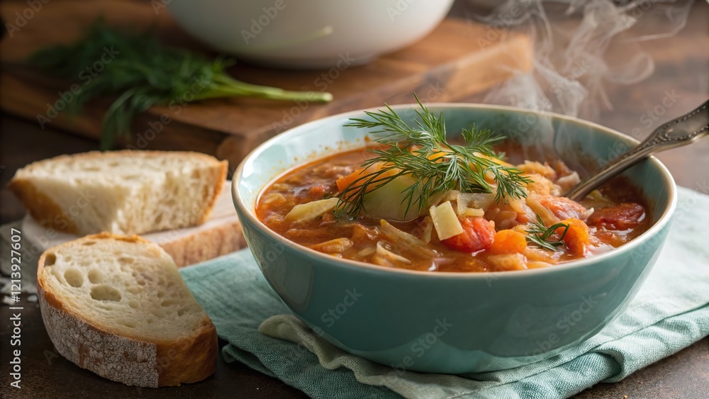 Hearty Easter cabbage soup served warm with crusty bread and a touch of fresh herbs in a cozy kitchen setting Hearty Easter cabbage soup served warm with crusty bread and a touch of fresh herbs in a cozy kitchen setting
