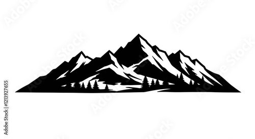 Black and White Mountain Range Vector Illustrations with Snowy Peaks.