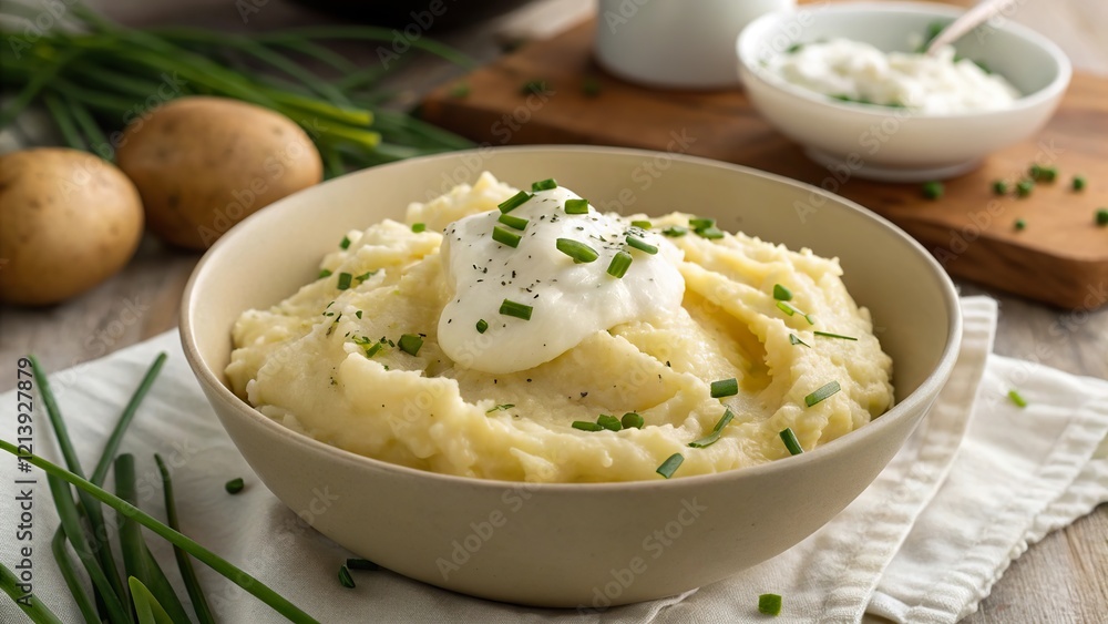 Warm fluffy mashed potatoes topped with cream and chives in a cozy kitchen setting perfect for a comforting meal Warm fluffy mashed potatoes topped with cream and chives in a cozy kitchen setting perfect for a comforting meal
