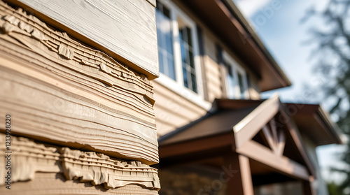 Close-up of Textured Wooden House Exterior, Architectural Details, Real Estate photo