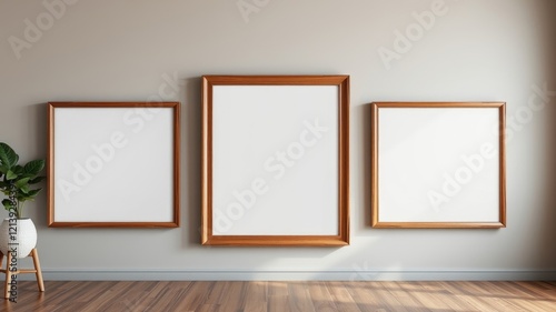 Three empty wooden picture frames on a neutral wall, above hardwood floor with a potted plant
