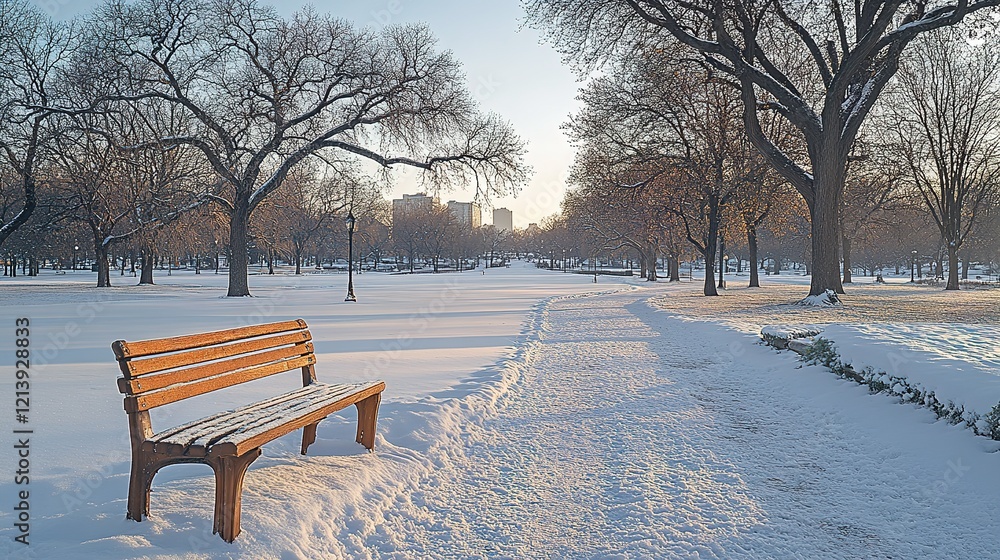 Snowy park bench winter scene city backdrop Snowy park bench winter scene city backdrop