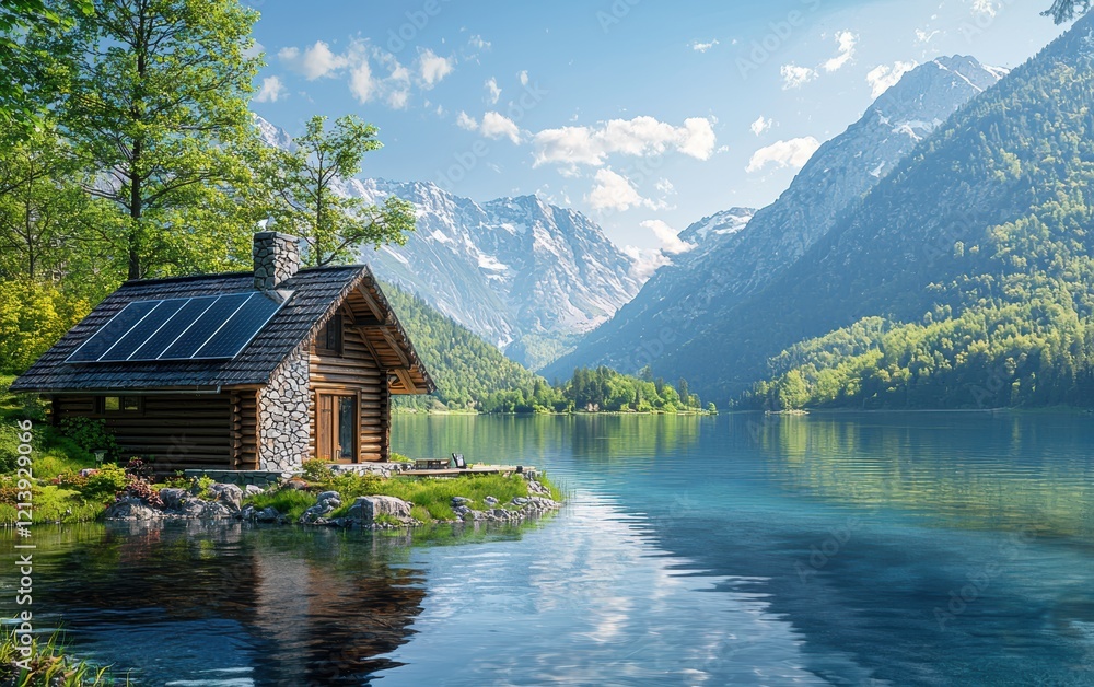 A cozy log cabin with a chimney and rooftop solar panels, situated on the edge of a calm mountain lake reflecting the bright sunlight A cozy log cabin with a chimney and rooftop solar panels, situated on the edge of a calm mountain lake reflecting the bright sunlight