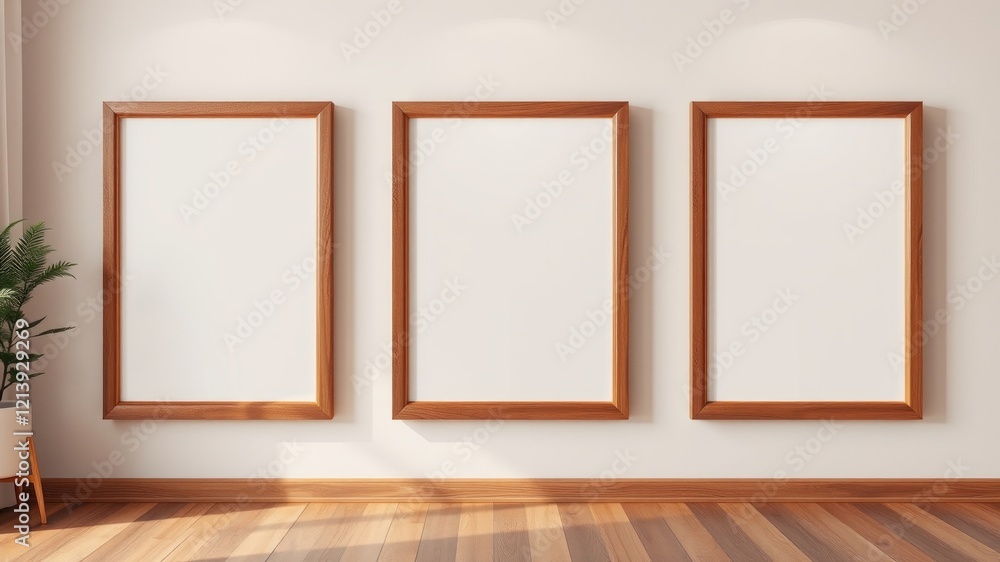 Empty wooden picture frames on a wall mockup Empty wooden picture frames on a wall mockup