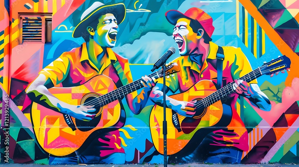 A vibrant mural of two friends playing a guitar and singing, painted on an urban wall, with a trendy street mockup on the side. A vibrant mural of two friends playing a guitar and singing, painted on an urban wall, with a trendy street mockup on the side.