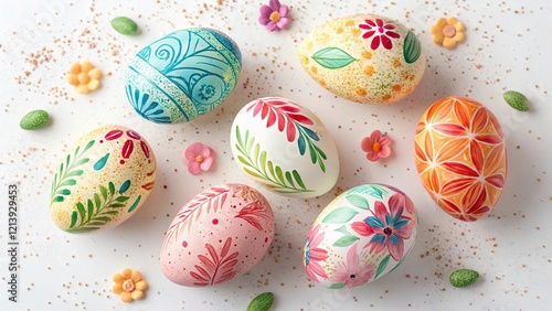 Colorful easter eggs arranged on a surface with delicate floral decorations and vibrant designs ready for the festive holiday photo