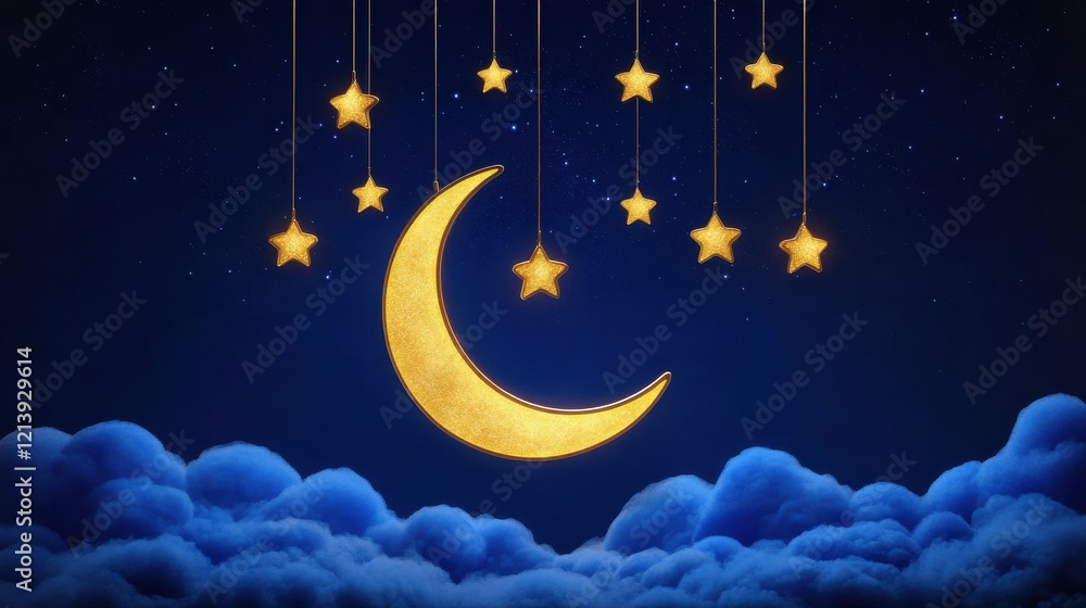 Naklejka premium Celestial Dreamscape: A crescent moon, adorned with shimmering golden stars hanging from delicate strings, floats serenely above a bed of fluffy blue clouds against a deep twilight blue sky.