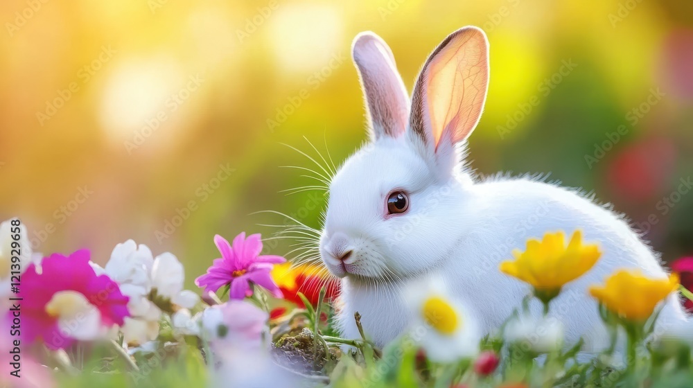 Obraz premium Cute Rabbit in Colorful Flower Field at Sunrise