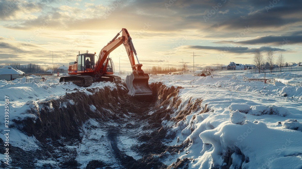 Fototapeta premium Red Excavator Digging Trench Snowy Winter Construction Site