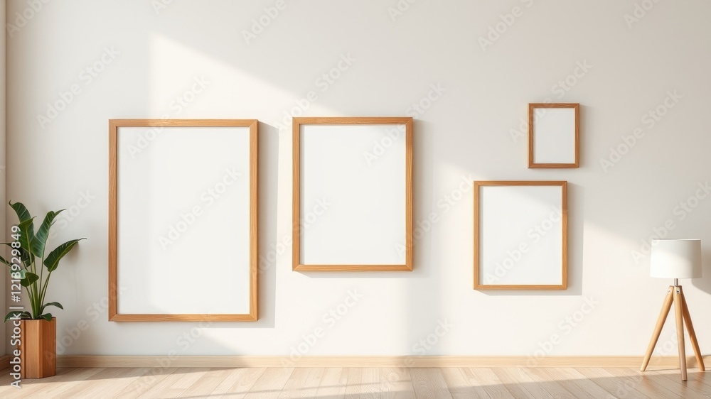Empty wooden frames on a white wall with a floor lamp and plant Empty wooden frames on a white wall with a floor lamp and plant