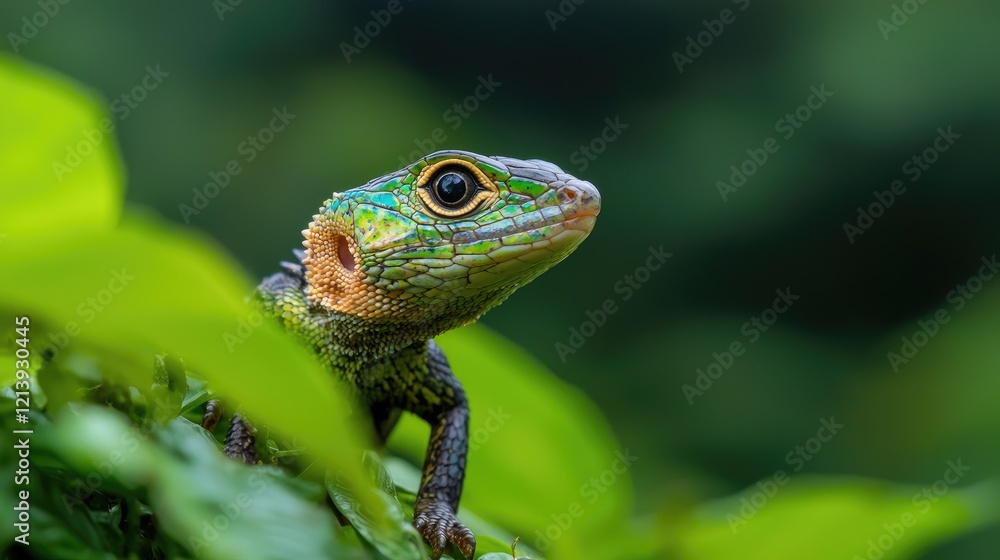 Fototapeta premium A small green lizard peeks through lush foliage in a tropical forest during the day.