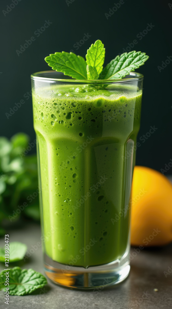 A refreshing green smoothie is presented in a tall glass, topped with fresh mint leaves. Surrounding the glass are healthy ingredients, including citrus fruits A refreshing green smoothie is presented in a tall glass, topped with fresh mint leaves. Surrounding the glass are healthy ingredients, including citrus fruits