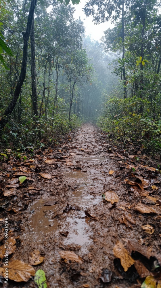 Tranquil Forest Path at Dusk: Serene Landscape of Lush Green Trees, Leaf-Littered Ground, and Misty Atmosphere Perfect for Nature Lovers Tranquil Forest Path at Dusk: Serene Landscape of Lush Green Trees, Leaf-Littered Ground, and Misty Atmosphere Perfect for Nature Lovers
