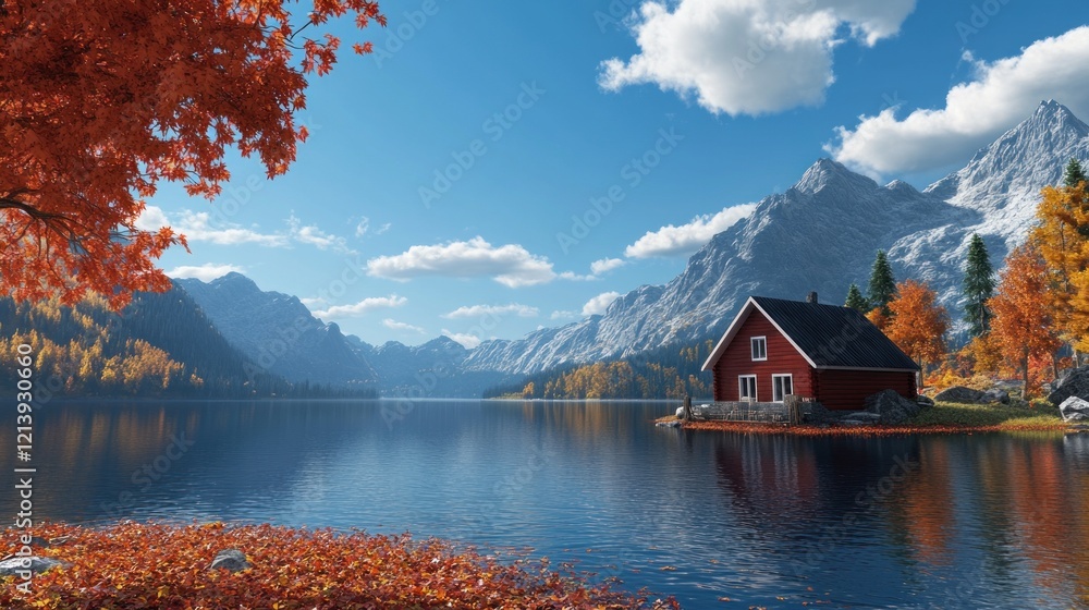 Fototapeta premium Red cabin nestled beside an autumnal lake mountainscape