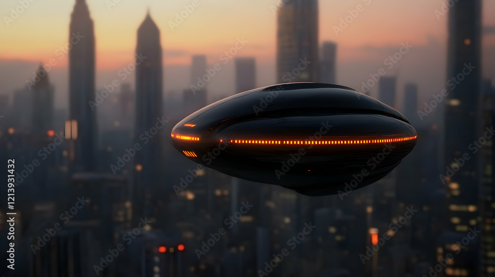Futuristic spaceship hovering above illuminated metropolis, glowing orange lights revealing advanced technological urban landscape during sunset Futuristic spaceship hovering above illuminated metropolis, glowing orange lights revealing advanced technological urban landscape during sunset