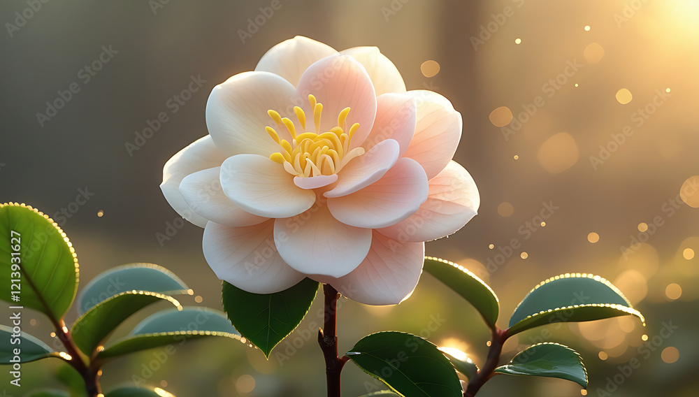 Fototapeta premium A delicate Camellia flower in full bloom, captured in the morning light with dew-kissed green leaves. Created with generative AI.