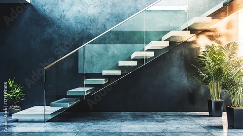 Wallpaper Mural A staircase with floating steps and transparent glass railings, adding a sleek and unique architectural feature to a modern home Torontodigital.ca