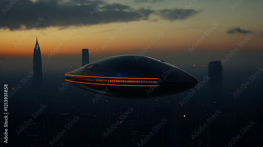 Obraz premium Futuristic spaceship with glowing orange lights flying over dark futuristic city with skyscrapers at sunset, exploring themes of advanced technology, space travel, and urban innovation