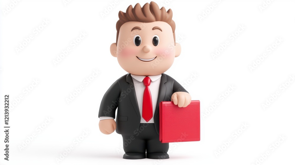 Obraz premium A cheerful cartoon businessman in a suit holds a red briefcase, embodying professionalism and positivity.