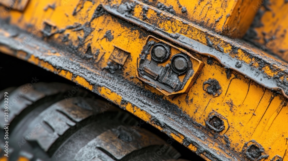 Yellow Heavy Machinery Detail Showing Wear And Dirt Yellow Heavy Machinery Detail Showing Wear And Dirt