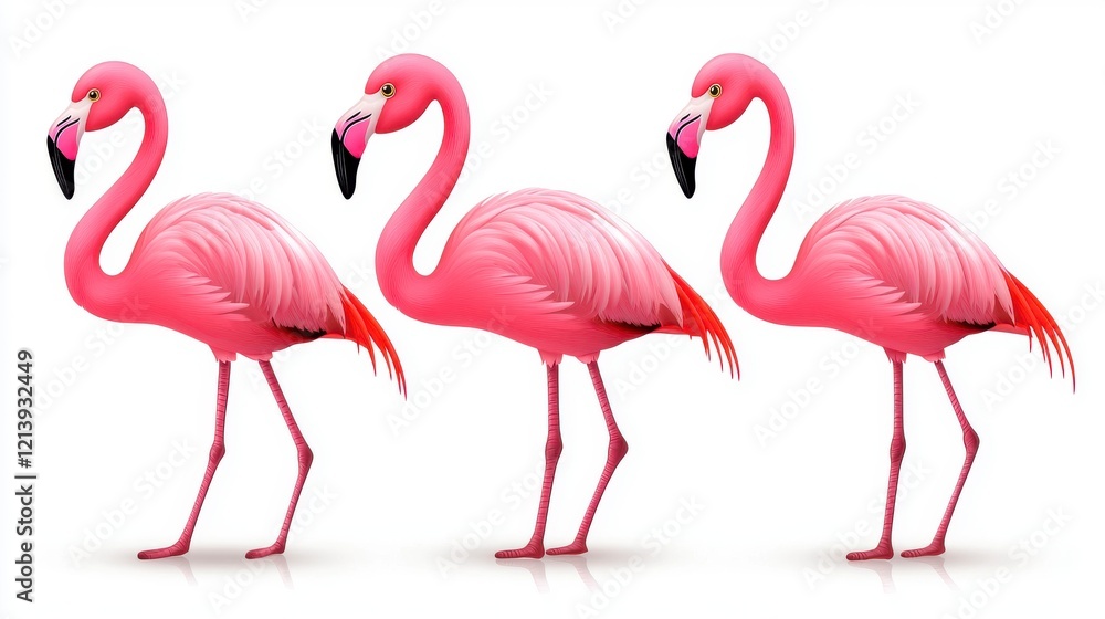 Obraz premium Three stylized pink flamingos stand in a row, showcasing their distinctive long necks and legs against a white background.