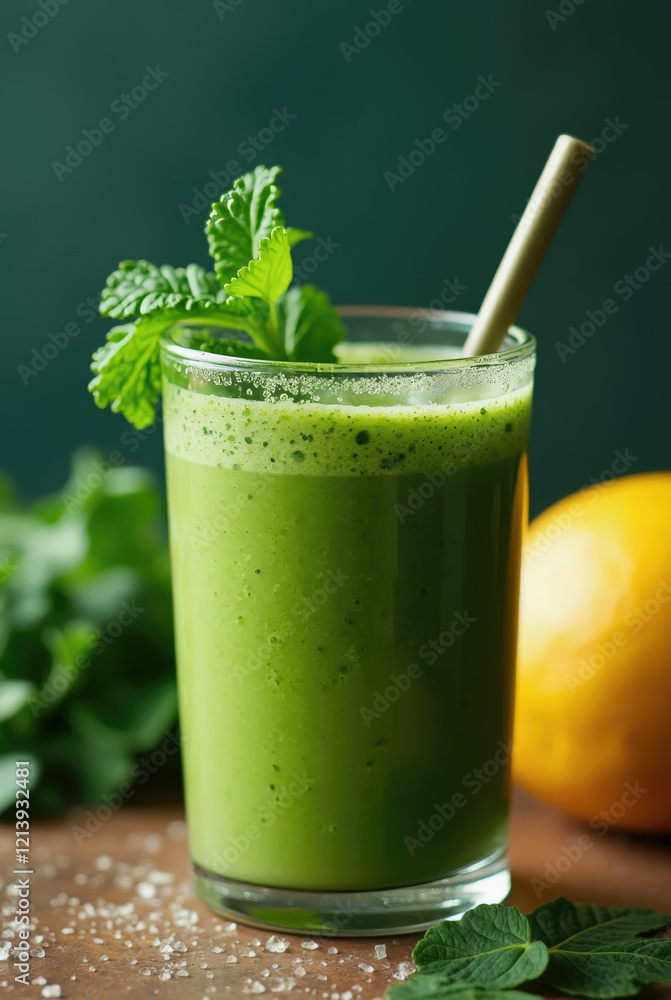 A refreshing green smoothie is served in a clear glass with a mint leaf on top. The glass sits on a wooden table, accompanied by an orange and fresh greens in the background A refreshing green smoothie is served in a clear glass with a mint leaf on top. The glass sits on a wooden table, accompanied by an orange and fresh greens in the background