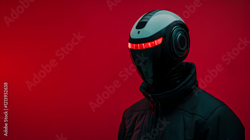 Futuristic motorcyclist with technological helmet and red lights is posing on a dark red background, embodying the cyberpunk aesthetic and showcasing innovative headwear design photo