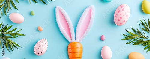 A vibrant 'Happy Easter' graphic featuring bunny ears and a playful carrot design in pastel shades, perfect for festive celebrations.
