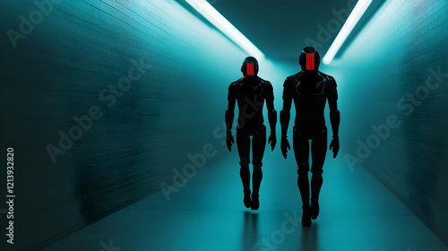 Fototapeta Naklejka Na Ścianę i Meble -  Robotic figures traversing sleek metallic passageway, blue neon lighting casting dramatic shadows, highlighting advanced technological environment and artificial intelligence concept