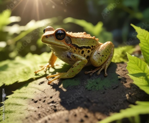 Darmera leaf with tiny Pacific chorus frog in sunlight summer, sunlight, outdoor photo