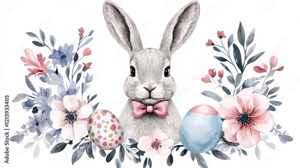 An enchanting bunny with soft fur, adorned with a bowtie and encircled by a colorful floral wreath and Easter egg. An enchanting bunny with soft fur, adorned with a bowtie and encircled by a colorful floral wreath and Easter egg.