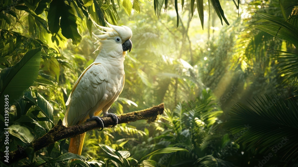 Obraz premium A striking image of a tropical cockatoo perched on a branch amidst a lush jungle background.